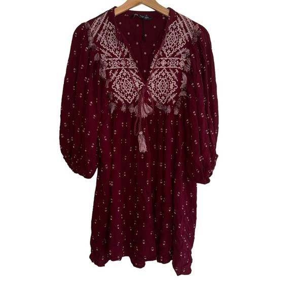 Zara Embroidered Mini Dress Balloon Sleeve V-Neck High Collar Red White Tassel - Picture 5 of 8